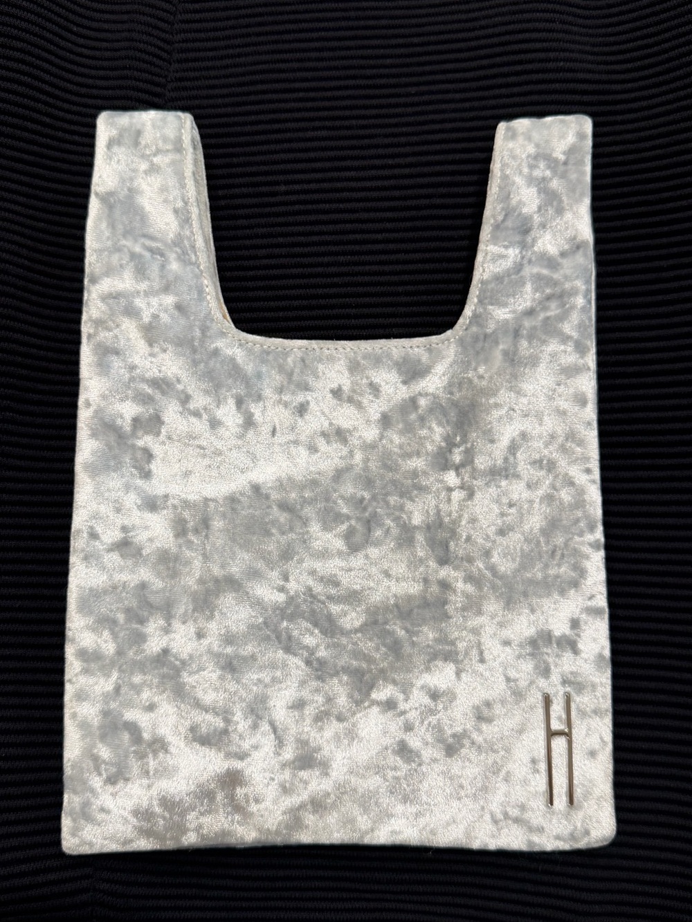 Hayward Mini Shopper Silver Crushed Velvet Tote with H Logo. Suede lined.